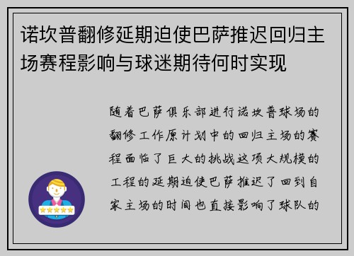 诺坎普翻修延期迫使巴萨推迟回归主场赛程影响与球迷期待何时实现 诺坎普翻修延期迫使巴萨推迟回归主场赛程影响与球迷期待何时实现